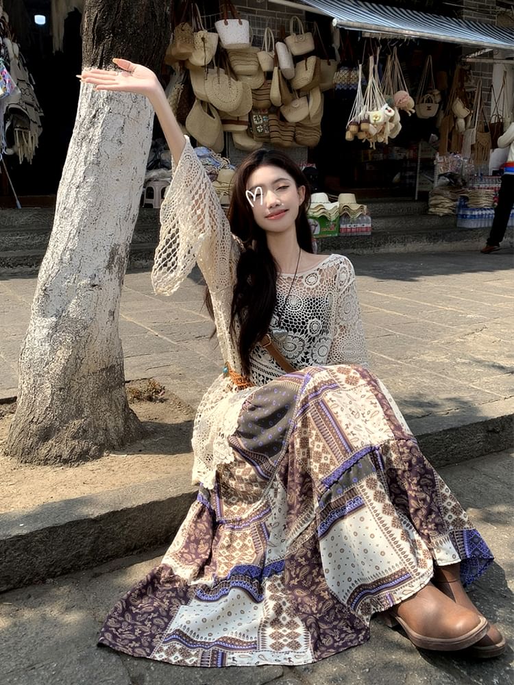 Long-Sleeve Boat Neck Crochet Knit Top / Elastic Waist Patterned Midi A-Line Skirt / String Belt / Set