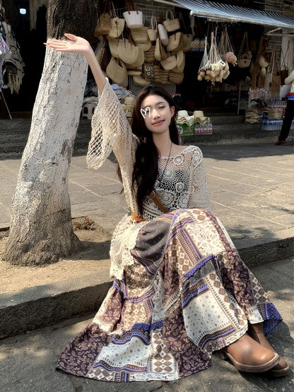 Long-Sleeve Boat Neck Crochet Knit Top / Elastic Waist Patterned Midi A-Line Skirt / String Belt / Set