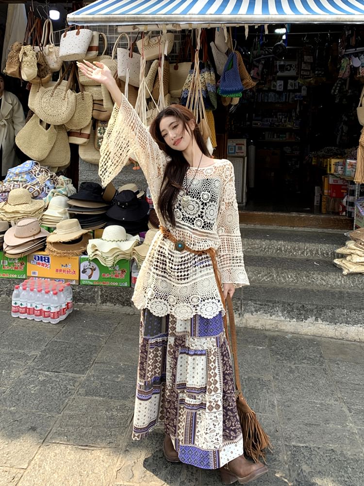 Long-Sleeve Boat Neck Crochet Knit Top / Elastic Waist Patterned Midi A-Line Skirt / String Belt / Set