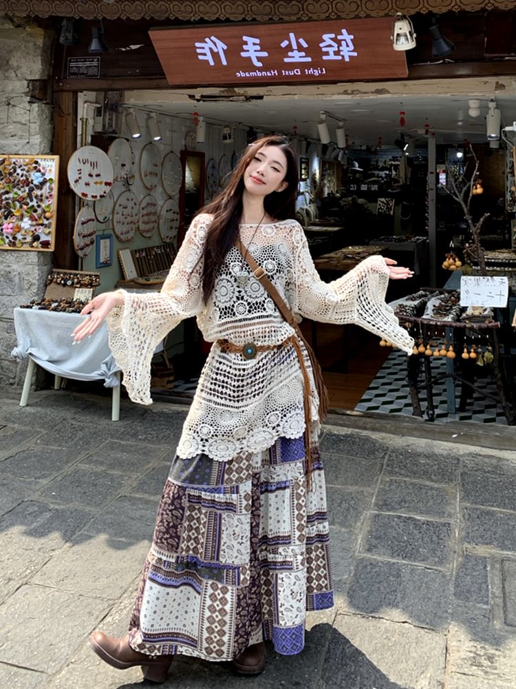 Long-Sleeve Boat Neck Crochet Knit Top / Elastic Waist Patterned Midi A-Line Skirt / String Belt / Set