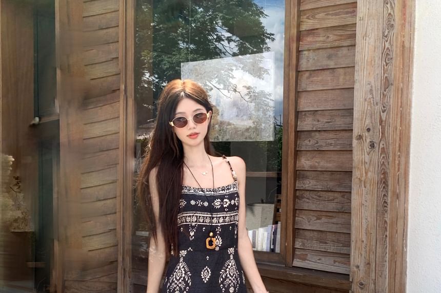 Spaghetti Strap Floral Print Maxi A-Line Dress / Plain Perforated One-Buttoned Cardigan / Set