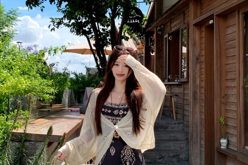 Spaghetti Strap Floral Print Maxi A-Line Dress / Plain Perforated One-Buttoned Cardigan / Set