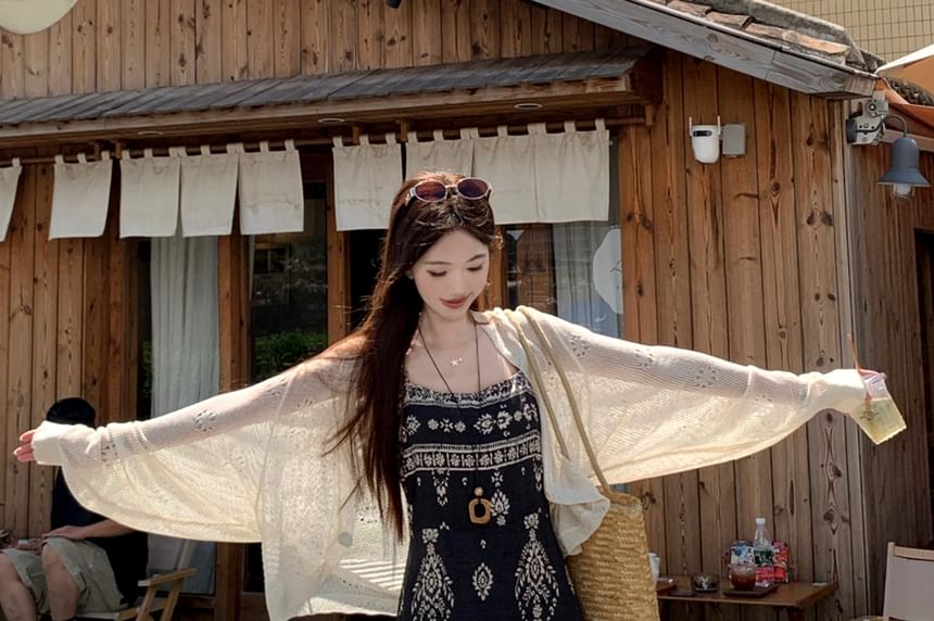 Spaghetti Strap Floral Print Maxi A-Line Dress / Plain Perforated One-Buttoned Cardigan / Set