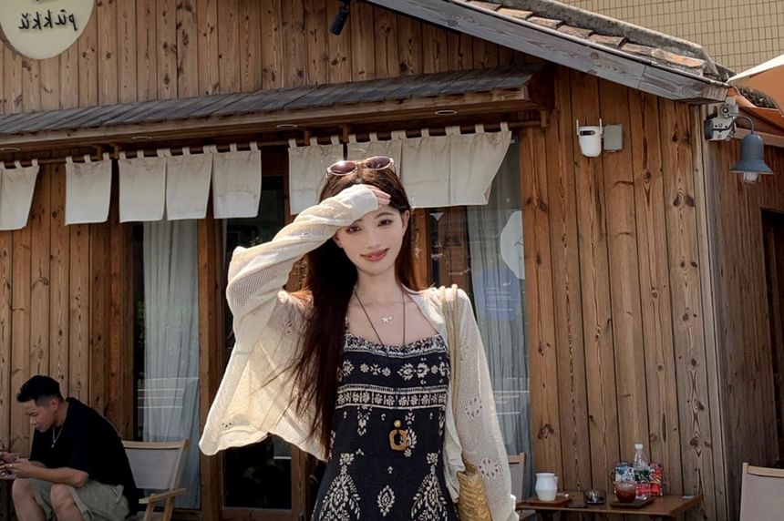 Spaghetti Strap Floral Print Maxi A-Line Dress / Plain Perforated One-Buttoned Cardigan / Set