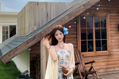 Halter Neck Floral Print Beaded Slim Fit Top / High Rise Plain Maxi A-Line Skirt / Shawl / Set