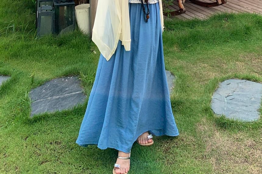 Halter Neck Floral Print Beaded Slim Fit Top / High Rise Plain Maxi A-Line Skirt / Shawl / Set