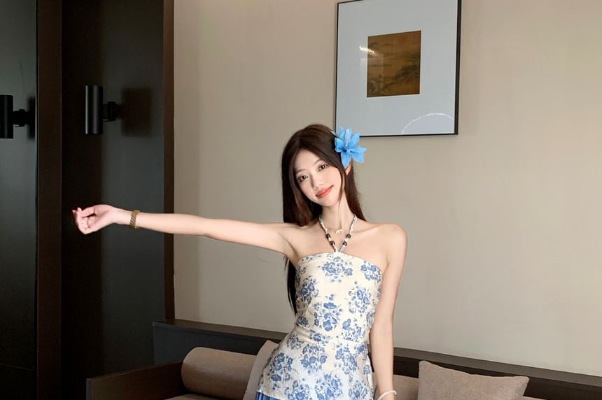 Halter Neck Floral Print Beaded Slim Fit Top / High Rise Plain Maxi A-Line Skirt / Shawl / Set