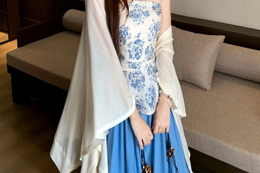 Halter Neck Floral Print Beaded Slim Fit Top / High Rise Plain Maxi A-Line Skirt / Shawl / Set