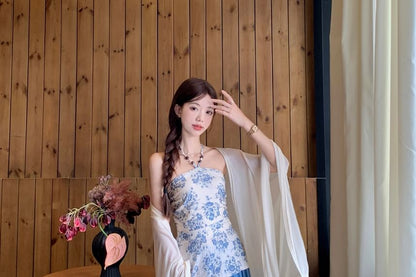 Halter Neck Floral Print Beaded Slim Fit Top / High Rise Plain Maxi A-Line Skirt / Shawl / Set