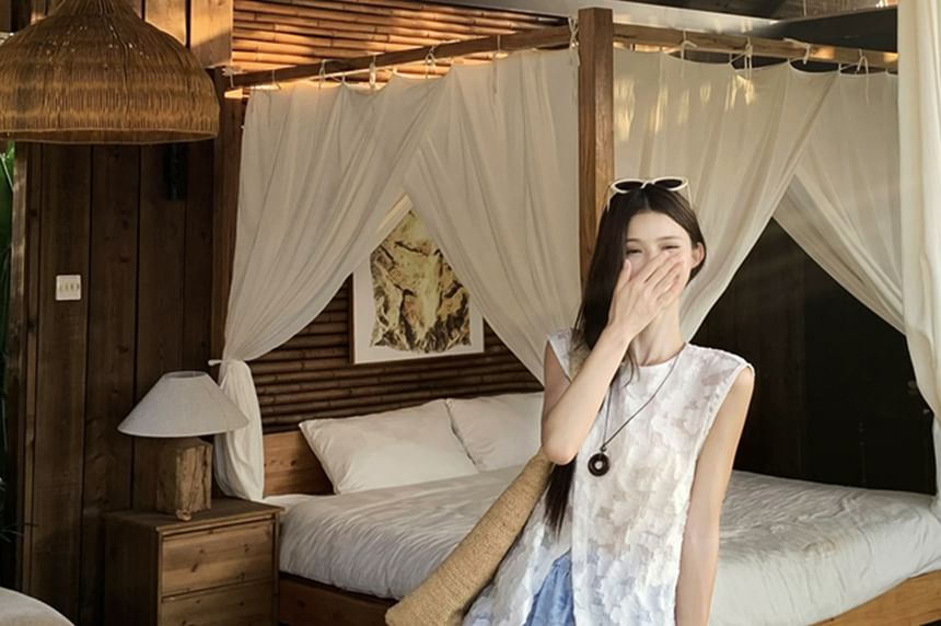 High Waist Floral Print Lace Panel Maxi A-Line Skirt / Sleeveless Crew Neck Jacquard Sheer Slit Top / Camisole Top / Set