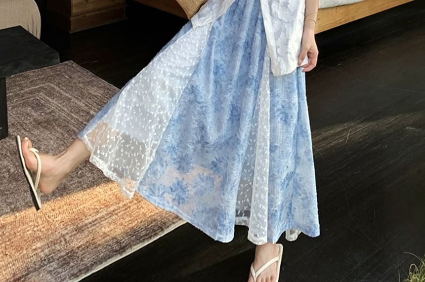 High Waist Floral Print Lace Panel Maxi A-Line Skirt / Sleeveless Crew Neck Jacquard Sheer Slit Top / Camisole Top / Set