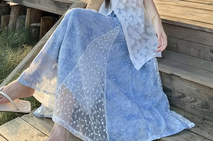 High Waist Floral Print Lace Panel Maxi A-Line Skirt / Sleeveless Crew Neck Jacquard Sheer Slit Top / Camisole Top / Set