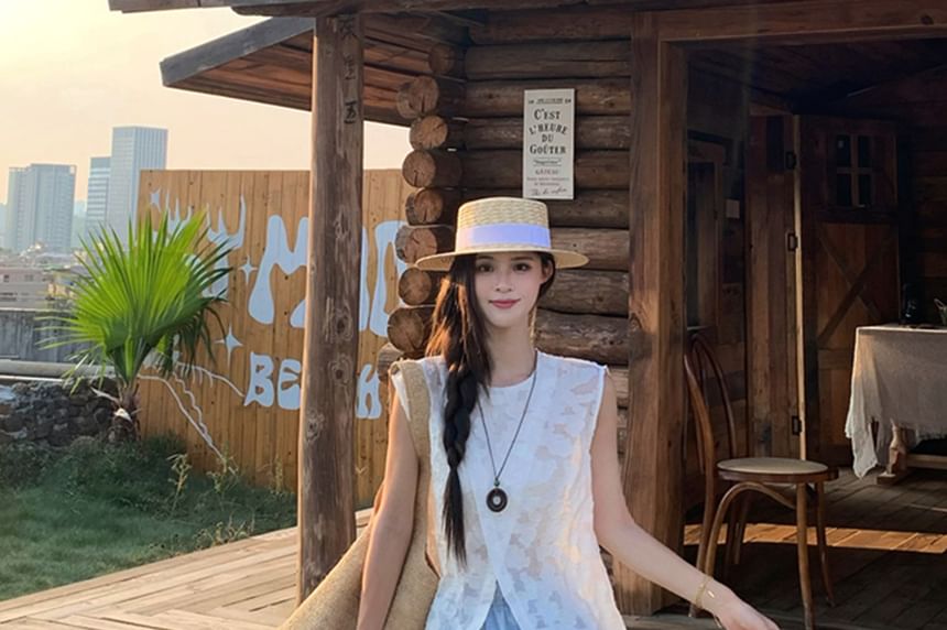 High Waist Floral Print Lace Panel Maxi A-Line Skirt / Sleeveless Crew Neck Jacquard Sheer Slit Top / Camisole Top / Set