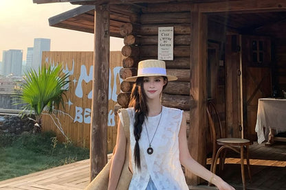 High Waist Floral Print Lace Panel Maxi A-Line Skirt / Sleeveless Crew Neck Jacquard Sheer Slit Top / Camisole Top / Set