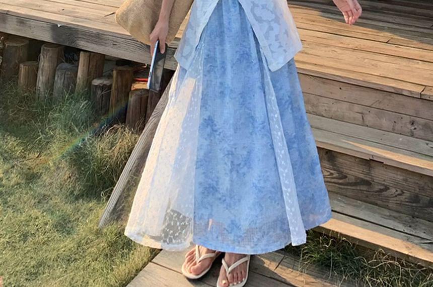 High Waist Floral Print Lace Panel Maxi A-Line Skirt / Sleeveless Crew Neck Jacquard Sheer Slit Top / Camisole Top / Set