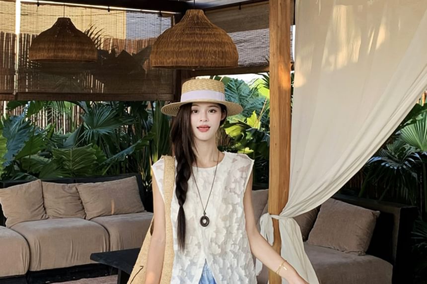 High Waist Floral Print Lace Panel Maxi A-Line Skirt / Sleeveless Crew Neck Jacquard Sheer Slit Top / Camisole Top / Set