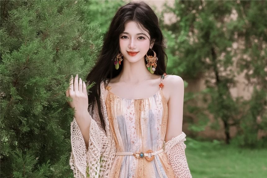 Spaghetti Strap Scoop Neck Floral Print Fringed Maxi A-Line Dress / Tie Front Crochet Knit Cardigan / Set