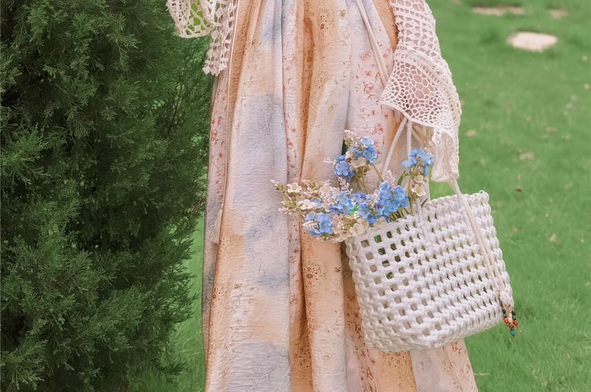 Spaghetti Strap Scoop Neck Floral Print Fringed Maxi A-Line Dress / Tie Front Crochet Knit Cardigan / Set