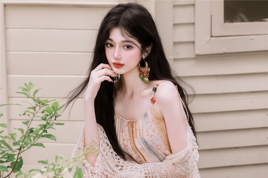 Spaghetti Strap Scoop Neck Floral Print Fringed Maxi A-Line Dress / Tie Front Crochet Knit Cardigan / Set