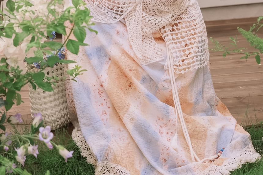 Spaghetti Strap Scoop Neck Floral Print Fringed Maxi A-Line Dress / Tie Front Crochet Knit Cardigan / Set