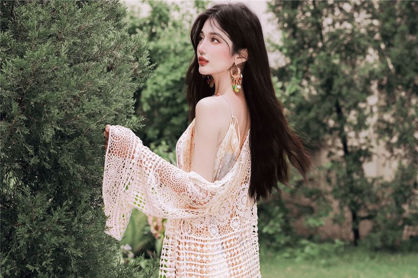 Spaghetti Strap Scoop Neck Floral Print Fringed Maxi A-Line Dress / Tie Front Crochet Knit Cardigan / Set