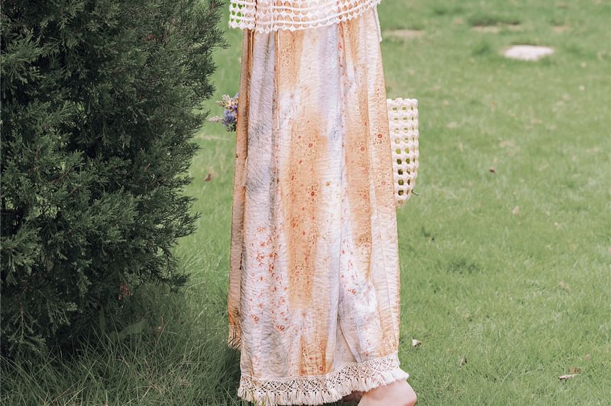 Spaghetti Strap Scoop Neck Floral Print Fringed Maxi A-Line Dress / Tie Front Crochet Knit Cardigan / Set