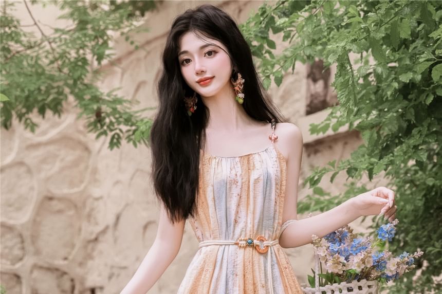 Spaghetti Strap Scoop Neck Floral Print Fringed Maxi A-Line Dress / Tie Front Crochet Knit Cardigan / Set