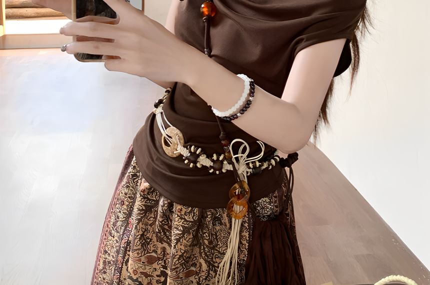 Cap-Sleeve Off-Shoulder Lace Panel Ruched Crop Top / High Waist Paisley Print Maxi A-Line Skirt / String Belt / Set