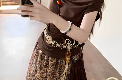 Cap-Sleeve Off-Shoulder Lace Panel Ruched Crop Top / High Waist Paisley Print Maxi A-Line Skirt / String Belt / Set