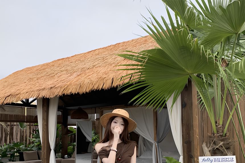 Cap-Sleeve Off-Shoulder Lace Panel Ruched Crop Top / High Waist Paisley Print Maxi A-Line Skirt / String Belt / Set