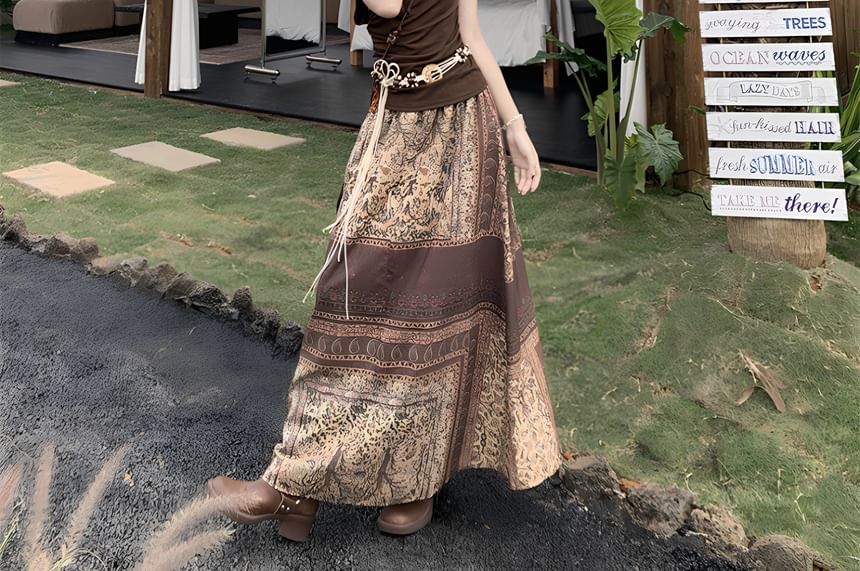 Cap-Sleeve Off-Shoulder Lace Panel Ruched Crop Top / High Waist Paisley Print Maxi A-Line Skirt / String Belt / Set