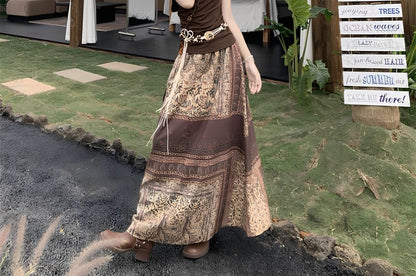 Cap-Sleeve Off-Shoulder Lace Panel Ruched Crop Top / High Waist Paisley Print Maxi A-Line Skirt / String Belt / Set