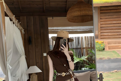 Cap-Sleeve Off-Shoulder Lace Panel Ruched Crop Top / High Waist Paisley Print Maxi A-Line Skirt / String Belt / Set