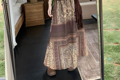 Cap-Sleeve Off-Shoulder Lace Panel Ruched Crop Top / High Waist Paisley Print Maxi A-Line Skirt / String Belt / Set