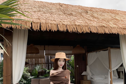 Cap-Sleeve Off-Shoulder Lace Panel Ruched Crop Top / High Waist Paisley Print Maxi A-Line Skirt / String Belt / Set