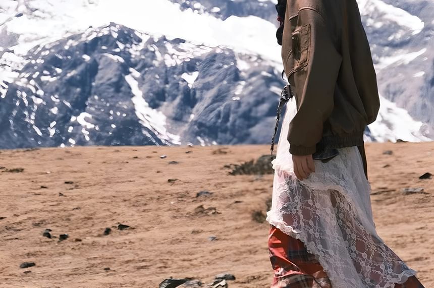 Collared Zip-Up Plain Jacket / Spaghetti Strap Plaid Midi A-Line Dress / High Rise Asymmetrical Layered Lace Skirt / Fringed Bonnet Hat / Belt / Set