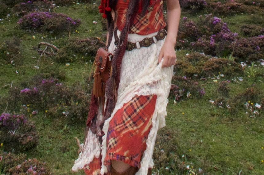 Collared Zip-Up Plain Jacket / Spaghetti Strap Plaid Midi A-Line Dress / High Rise Asymmetrical Layered Lace Skirt / Fringed Bonnet Hat / Belt / Set