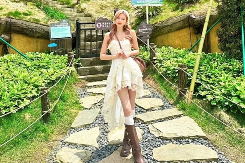 Spaghetti Strap Plain Lace Trim Fringed High Low A-Line Dress / Collared Button-Up Plain Crop Jacket / Set