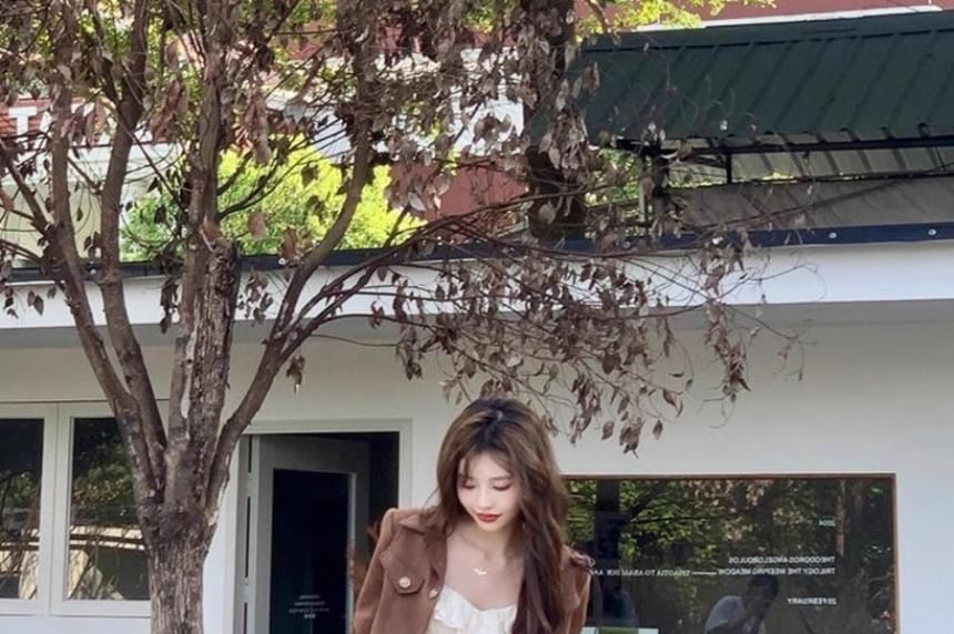 Spaghetti Strap Plain Lace Trim Fringed High Low A-Line Dress / Collared Button-Up Plain Crop Jacket / Set