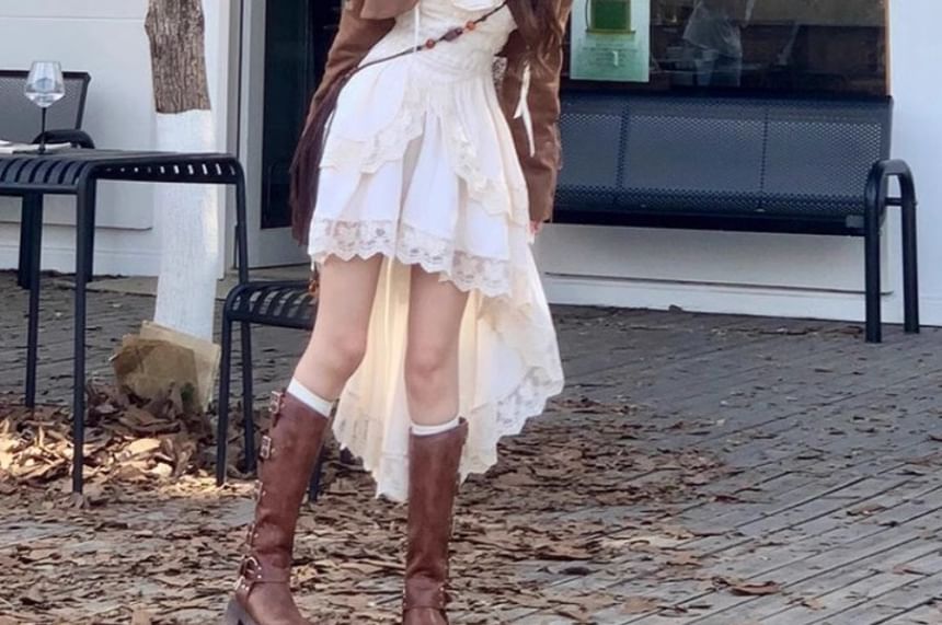 Spaghetti Strap Plain Lace Trim Fringed High Low A-Line Dress / Collared Button-Up Plain Crop Jacket / Set