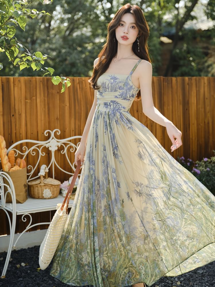 Wide Strap Floral Print Midi A-Line Dress / Cardigan / Set