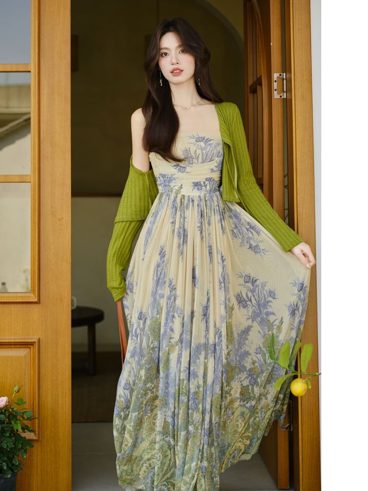 Wide Strap Floral Print Midi A-Line Dress / Cardigan / Set