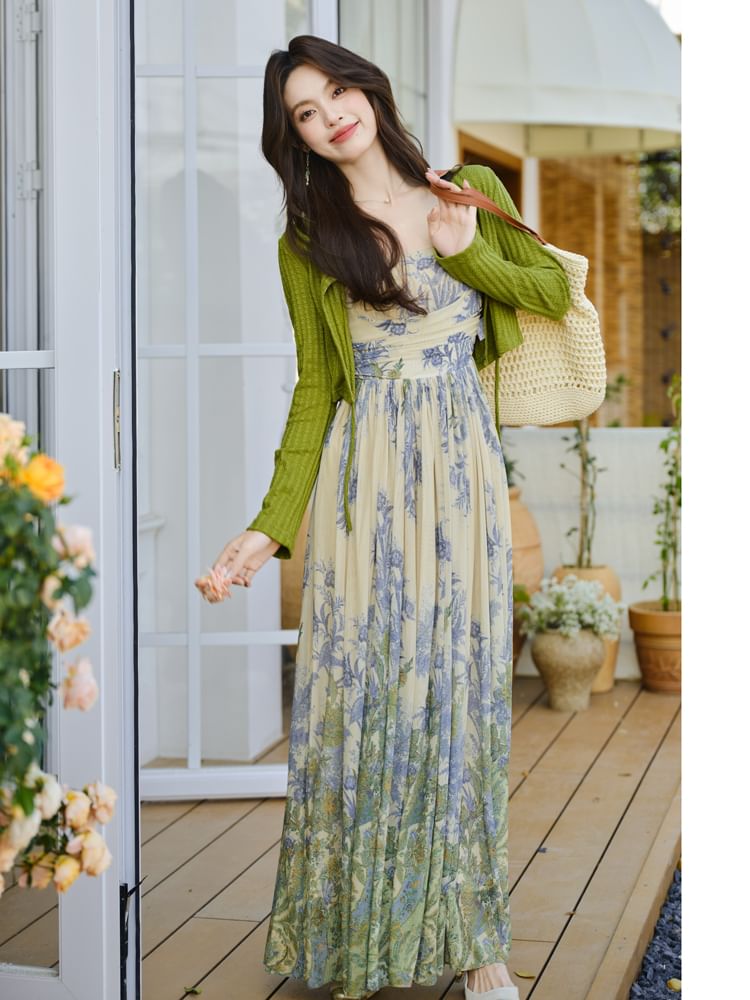 Wide Strap Floral Print Midi A-Line Dress / Cardigan / Set