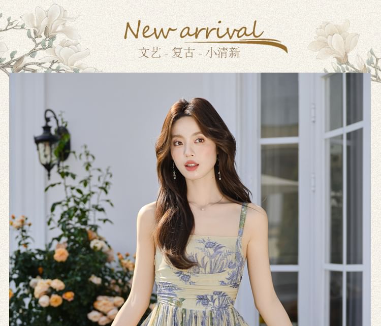 Wide Strap Floral Print Midi A-Line Dress / Cardigan / Set