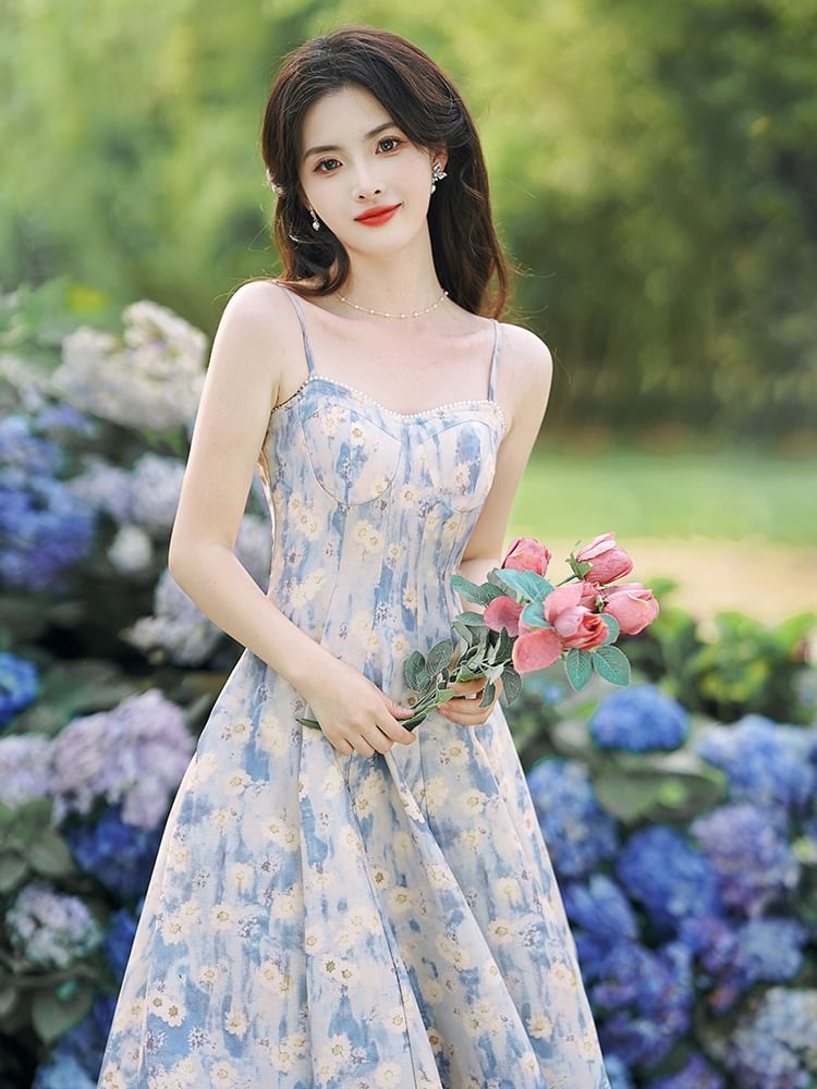 Spaghetti Strap Floral Print Midi A-Line Dress / Cardigan / Set