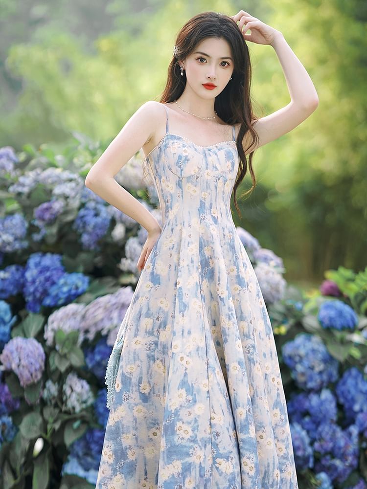 Spaghetti Strap Floral Print Midi A-Line Dress / Cardigan / Set