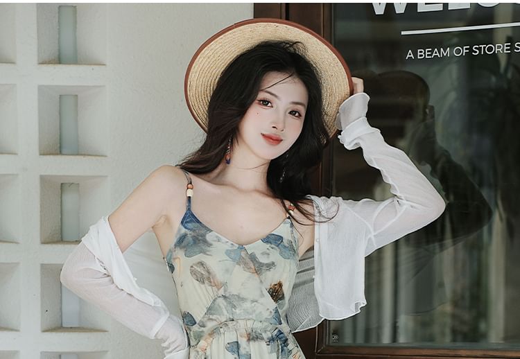 Spaghetti Strap Floral Print Ruffled Midi A-Line Dress / Cardigan / Set