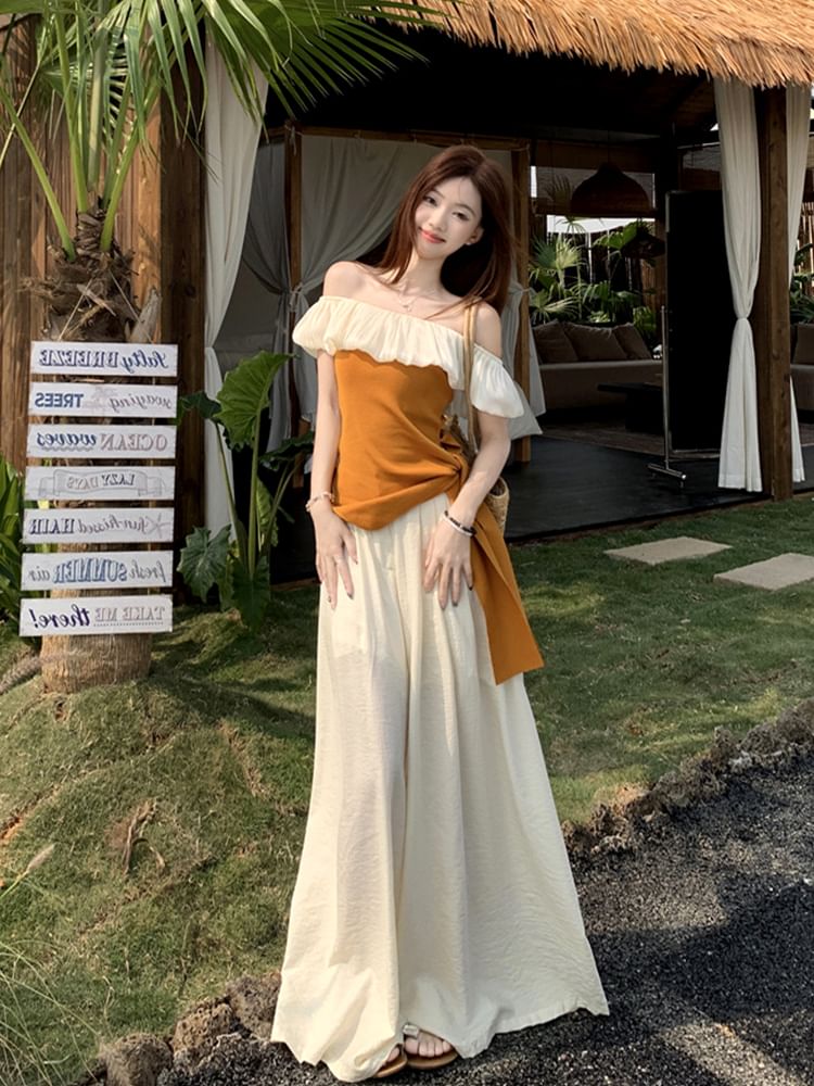 Off-Shoulder Two-Tone Asymmetrical Top / High Rise Wide Leg Pants / Set