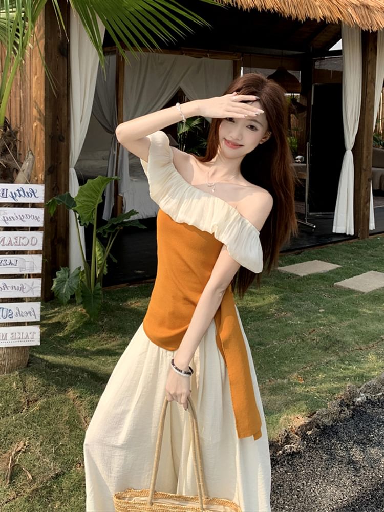 Off-Shoulder Two-Tone Asymmetrical Top / High Rise Wide Leg Pants / Set