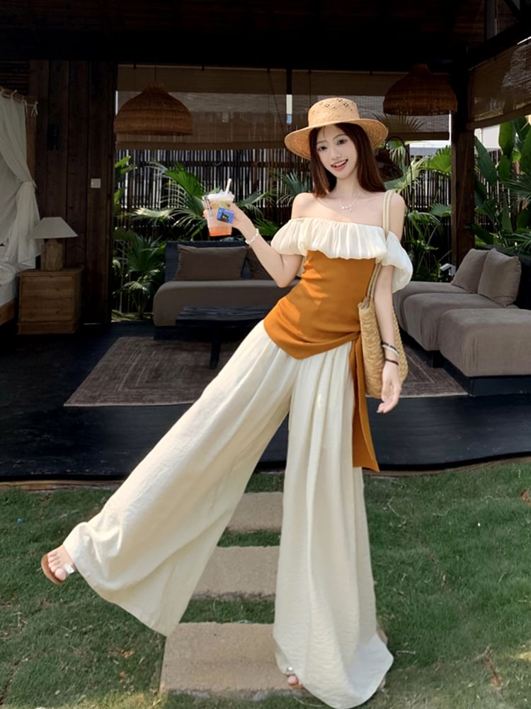 Off-Shoulder Two-Tone Asymmetrical Top / High Rise Wide Leg Pants / Set